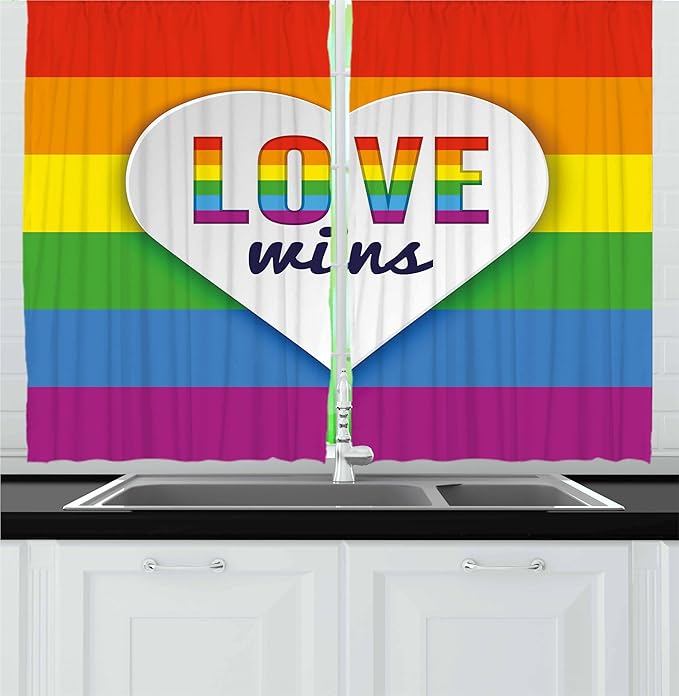 Ambesonne Pride Kitchen Curtains, Rainbow Flag with Stripes Heart with Love Wins Text LGBT Culture Colorful, Window Drapes 2 Panel Set for Kitchen Cafe Decor, 55" x 30", Purple Blue