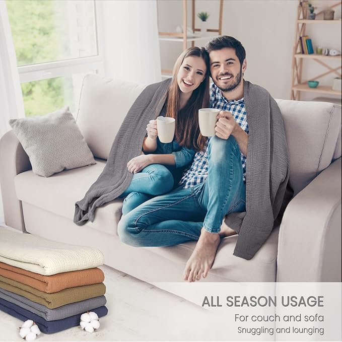 Lulu moon Muslin Blankets for Adults 55”x75” - Couch Throw Blanket for Boys - Light Weighted Muslin Quilt for Sofa and Bed (Gray)