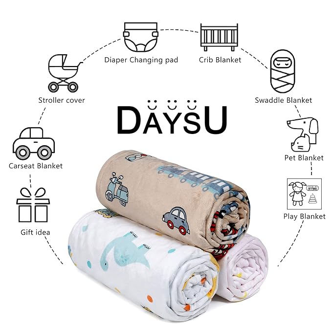 DaysU Silky Micro Soft Plush Baby Blankets for Boys with Print Animal Pattern and Soothing Raised Dots, Double Layer Bed Throws for Toddler Cot, Dinosaur, Aqua Blue, 50x60 Inches