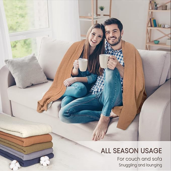 Lulu moon Muslin Blankets for Adults 55”x75” - Couch Throw Blanket for Boys - Light Weighted Muslin Quilt for Sofa and Bed (Caramel)