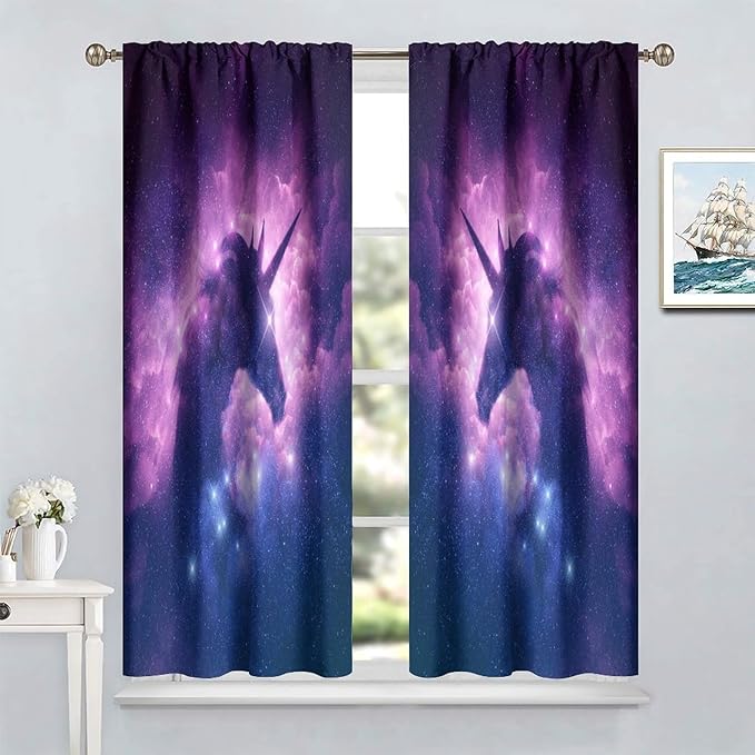 Unicorn Curtains Children's Cartoon Starry Sky Theme Unicorn Pattern Curtains Star Galaxy Boys Girls Room Blackout Curtains 72x63 Inch 2 Panels