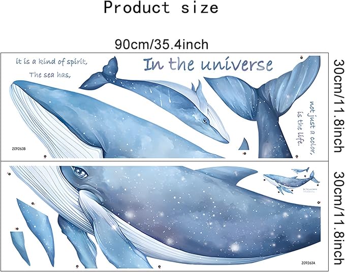 Removable Vinyl Whale Wall Decal Sea Life Wall Sticker Decor Nursery Kidsroom School Classroom Livingroom Bedroom Bathroom Coastal Ocean Fish Murals Decals