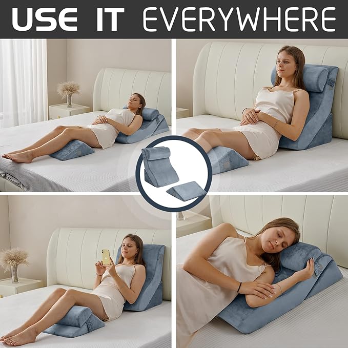 Qirroboni 4PCS Orthopedic Bed Wedge Pillow Set, Adjustable Pillows for Neck, Back and Leg Pain Relief Comfortable & Post Surgery Foam - Heartburn, Anti Snoring, Acid Reflux & GERD Sleeping Navy
