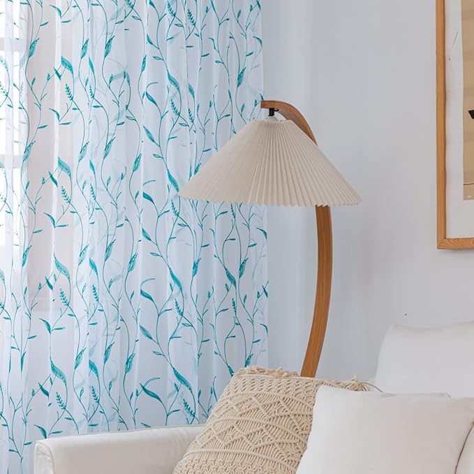 Windows Sheer Curtains Embroider Green Leaf 90 Inches Length 2 Panels Voile Light Filtering Sheer Curtains Panel Basic Rod Pocket for Bedroom Living Room Children Room