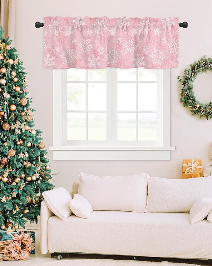 Christmas Valance Curtains for Kitchen Windows Pink White Snowflakes Pattern Rod Pocket Window Treatment Toppers for Kitchen/Living Room/Bedroom/Bathroom, 60" X 18", Winter