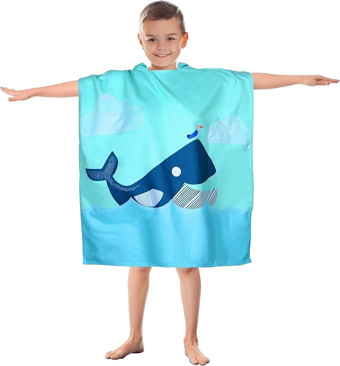 Kids Whale Hooded Beach Towel Boys Girls Cute Poncho Beach Pool Towels with Hood 24*62" Soft Microfiber Swim Cover-ups for Kids Ages 3-10 Thick Absorbent Cotton Hooded Bath Towels Bathrobe