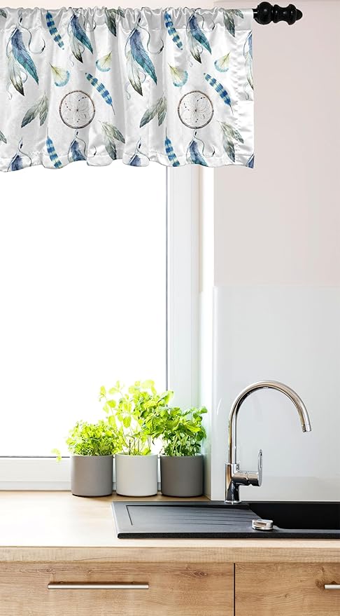 Ambesonne Tribal Window Valance, Aztec Exotic Feathers Dreamcatchers Traditional Folk Watercolor Boho Art, Curtain Valance for Kitchen Bedroom Decor with Rod Pocket, 42" x 18", Violet Blue Pale Green