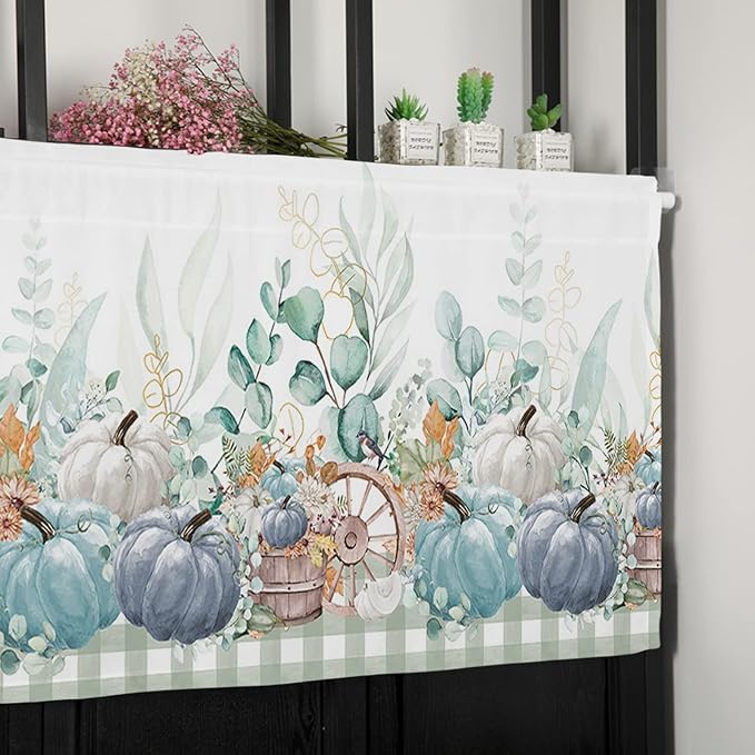 Fall Thanksgiving Kitchen Curtains Valances for Windows Navy Blue Pumpkins Green Eucalyptus Leaves Rod Pocket Window Treatment for Kitchen /Living Room/Bedroom/ Bathroom 42" X 18",Sage Farmhouse Plaid