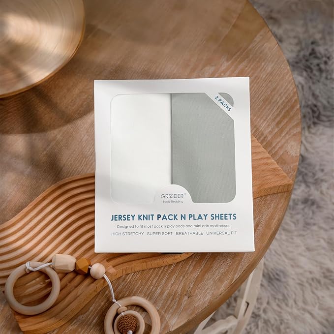 GRSSDER Mini Crib Sheets Fitted, Pack and Play Sheets 2 Pack, Ultra Soft Stretchy Pack N Play Sheets, Universal Fit for Playard Mattress, Jersey Crib Sheets Neutral for Boys and Girls, Gray/White