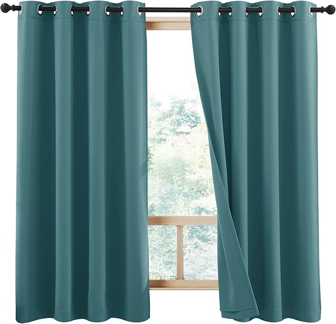 NICETOWN Small 100% Blackout Curtains with Same Color Liners, Thermal Insulated 2-Layer Lined Drapes, Energy Efficiency Window Draperies for Infant Nursery (Sea Teal, 2 Panels, 52-inch W by 45-inch L)