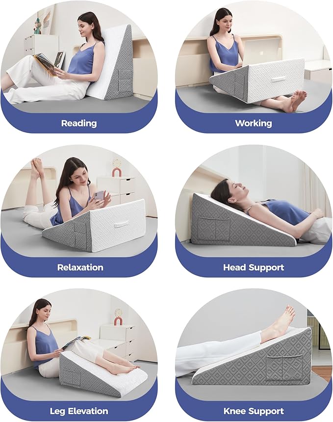 Wedge Pillow for Sleeping, 12"Bed Wedge Pillow for Acid Reflux Relief,Snoring,Back Pain Relief,Leg elevation,Post Surgery,GEL Infused Memory Foam Top Triangle Pillow Wedge with Breathable Cover