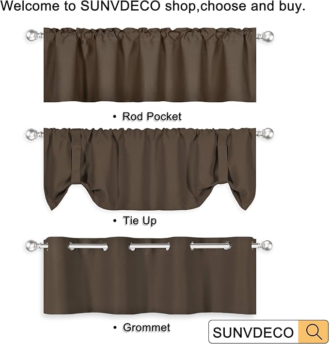 Solid Grommet Top Brown Valance for Kitchen Windows Blackout Curtain Valance for Living Room Short Straight Drape Valance for Bedroom Kids Room/Cafe/Loft 52X18 1 Panel Coffee Brown