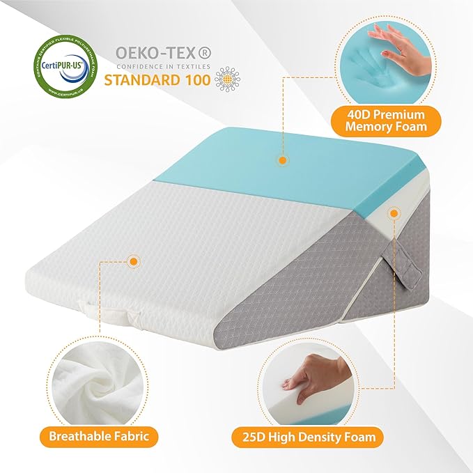 Bed Wedge Pillow for Sleeping, 9&12 Inch Wedge Pillow for Back Pain Relief, Adjustable 7-in-1 Memory Foam Triangle Pillow for Back and Leg Support, Acid Reflux, Snoring & Gerd, White/Grey