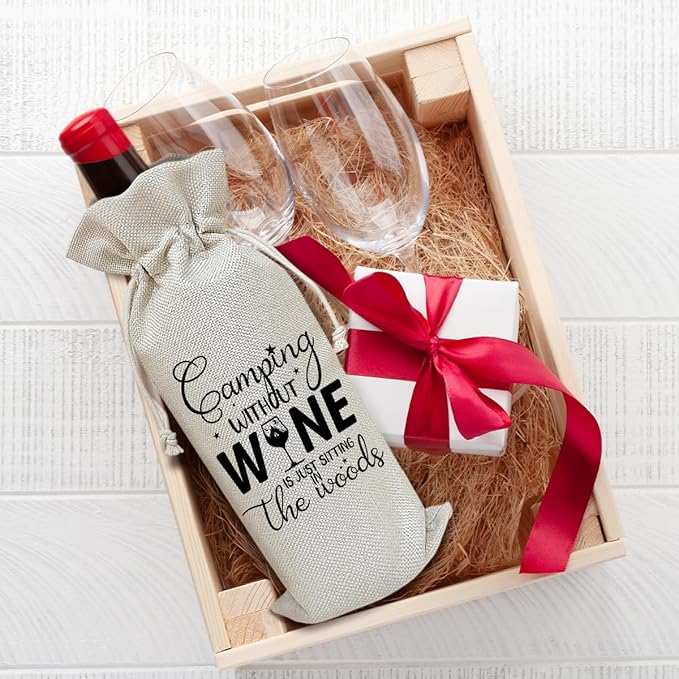 Camper Wine Bag, Camping Gift for Camper Funny Wine Gifts for Women Men Friends Coworkers, Party Favor Wine Champagne Gift Bag With Drawstring -12