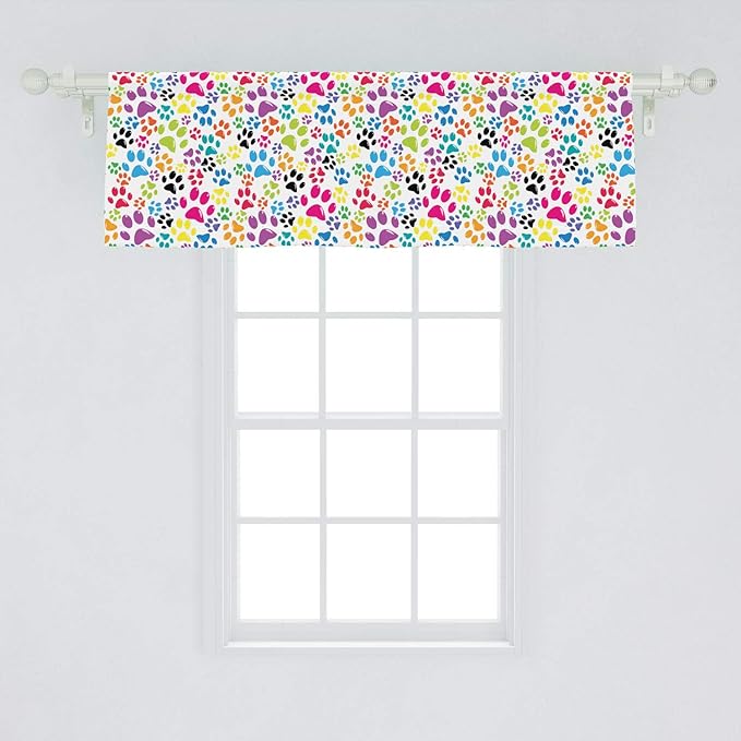 Ambesonne Dog Window Valance, Colorful Little Paws Steps Childish Artwork Cartoon Unusual Traces Design, Curtain Valance for Kitchen Bedroom Decor with Rod Pocket, 54" X 18", Blue Purple