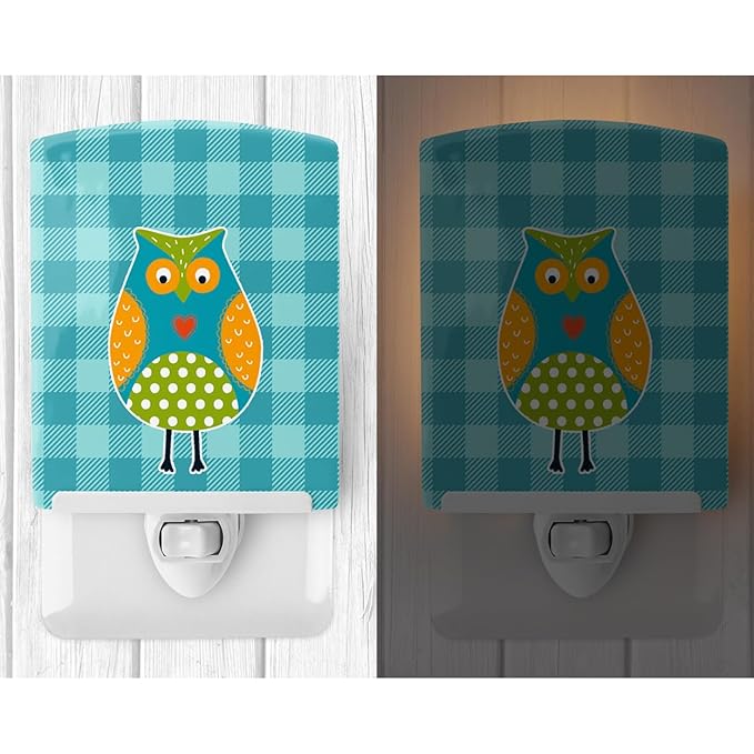 Caroline's Treasures BB6755CNL Owl on Blue Plaid Ceramic Night Light Compact, UL-Certified, Ideal for Bedroom, Bathroom, Nursery, Hallway, Kitchen, 6x4x3, Multicolor