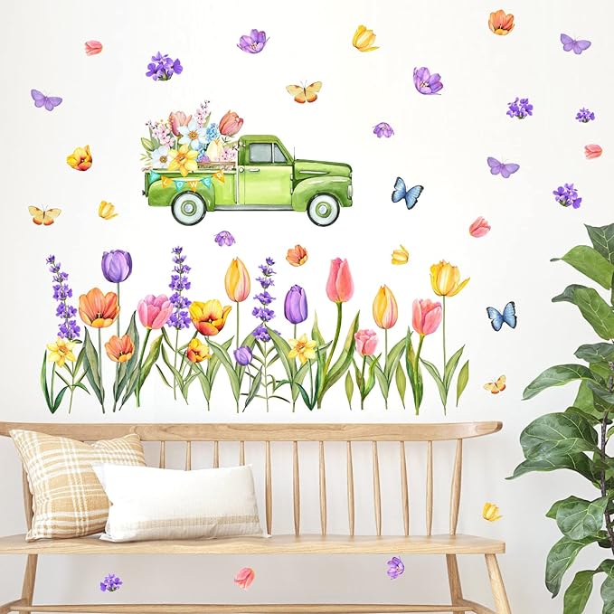 Garden Flowers Window Stickers Spring Window Cling Watercolor Butterflies Floral Wall Decals Peel and Stick Tulip Flower Window Decals for Kids Girls Bedroom Kitchen Shop Window Display Decoration