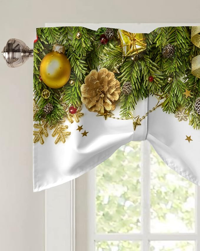 Christmas Blackout Tie Up Valance Curtains for Kitchen Windows Pine Cones Window Toppers Balloon Shades for Living Room/Bathroom/Bedroom,1 Panel,42" X 18" Golden Ornament Balls