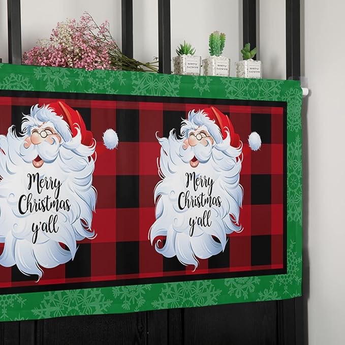 Merry Christmas Y'all Kitchen Curtains Valances for Windows Xmas Santa Claus Rod Pocket Window Treatment for Kitchen/Living Room/Bedroom/Bathroom,42" X 18" -1 Panel, Red Buffalo Plaid