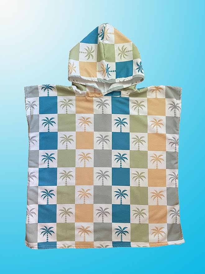 Kids Hooded Towel Poncho - Kids Beach Poncho - Kids Surf Poncho - Kids Pool Towel - Kids Beach Towel - Swim Coverup For Kids - Kids Beach Towel Poncho (Sand Checkered Palm Trees)