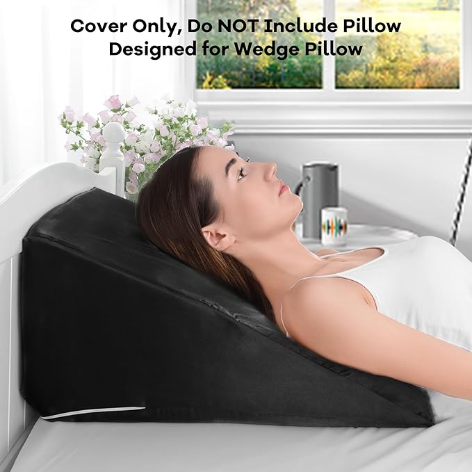 HOMBYS Satin Bed Wedge Pillow Cover Silky & Smooth Wedge Pillowcase 1 Pack 24x24x12, Soft & Breathable, Removable & Machine Washable-Zipper Design (Pillow Not Include), Black