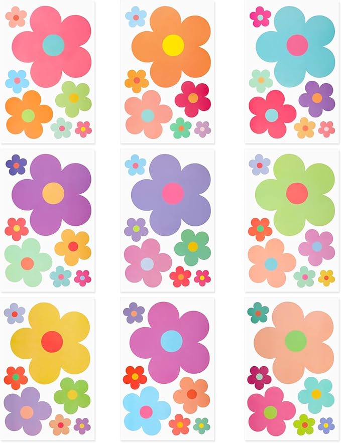 63pcs Cute Flowers Wall Sticker PVC Colorful Y2k Floral Wall Decor Vinyl Peel and Stick Flowers Stickers for Teen Girls Boy Kids Nursery Bedroom Kindergarten(9 Sheets, Bright Colors)