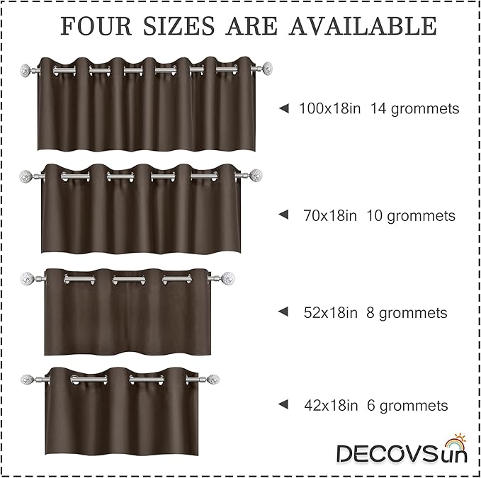 Solid Grommet Top Brown Valance for Kitchen Windows Blackout Curtain Valance for Living Room Short Straight Drape Valance for Bedroom Kids Room/Cafe/Loft 100X18 1 Panel Coffee Brown