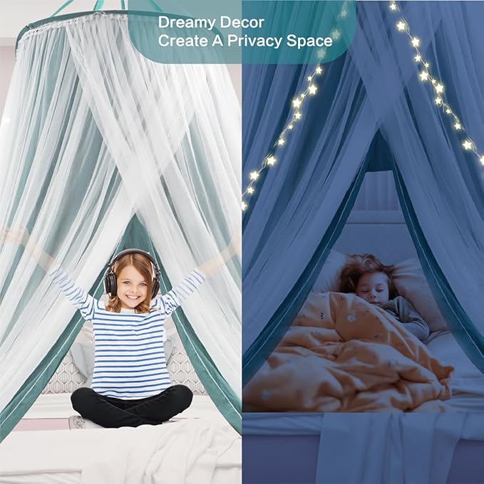 40"x 106" Bed Canopy for Girls & Adults, Double Layer Princess Round Dome Bed Curtain Canopy Drapes, Dreamy Mosquito Net Reading Nook, Bedroom Decoration (Dark Teal)