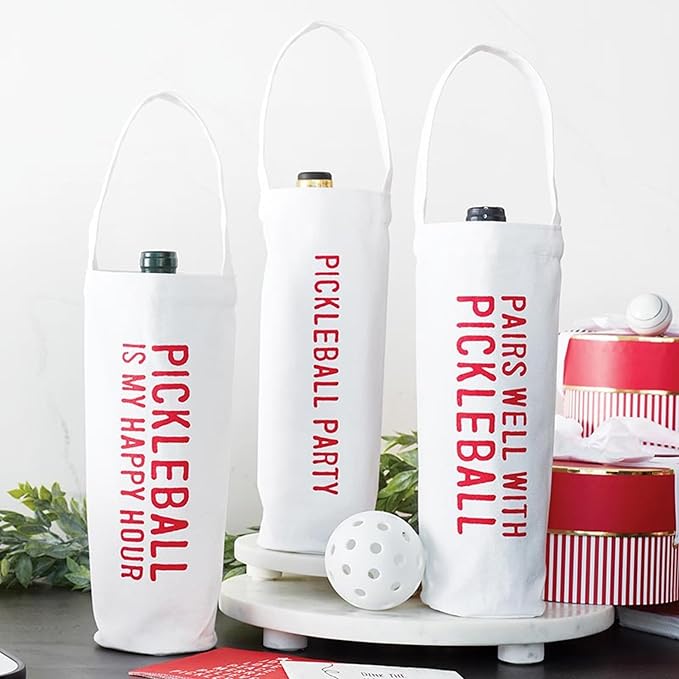 Santa Barbara Design Studio Canvas Wine Bag With Handle Reusable Gift Tote, 3.5" W x 11" H, Pickleball Party