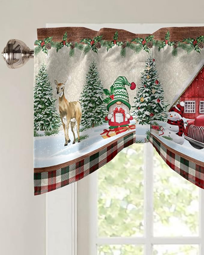 Christmas Farmhouse Blackout Tie Up Valance Curtains for Kitchen Windows Red Truck Gnomes Window Toppers Balloon Shades for Living Room/Bathroom/Bedroom,1 Panel,42" X 18" Winter Holiday Snowman