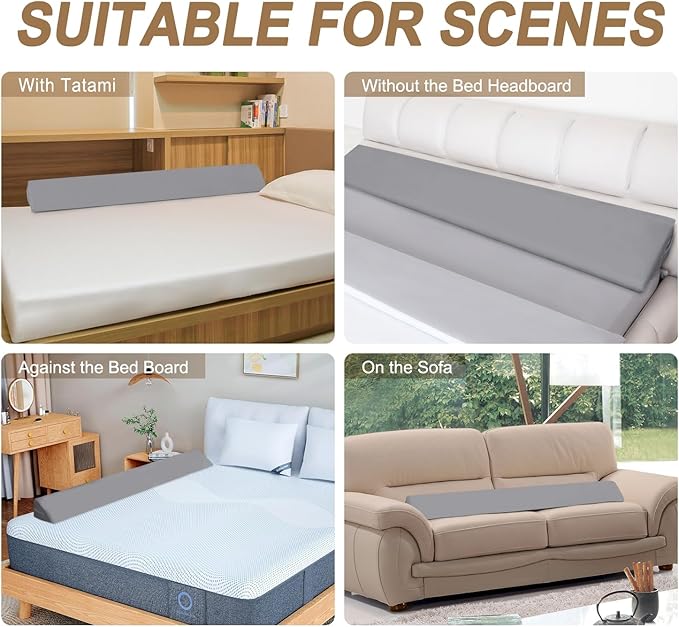 WdFour Bed Wedge pillow, close off Headboard, wall and Mattress Gap. incline, slanted sweat-proof pillow for neck and back pain relief anti-snoring for comfortable sleeping.(Gray,60Wx10Dx6H)