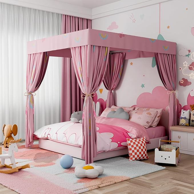 Hvqic Pink Canopy Bed Curtains - 4 Corner Post Bed Curtains Lightproof Princess Bed Canopy for Girls Rainbow Canopy Bed Curtains for Kids Room Decor(King,Pink-Cloud)