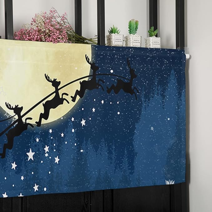 Christmas Kitchen Curtains Valances for Windows Santa Claus Reindeer Rod Pocket Window Treatment for Kitchen/Living Room/Bedroom/Bathroom,42" X 12" -1 Panel, Blue Snowy Night