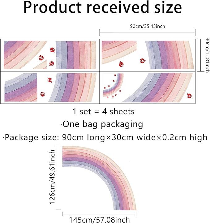 Waterproof Removable Vinyl Huge Rainbow Wall Decal Sticker for Nursery Kidsroom School Classroom Livingroom Bedroom Bathroom Decorations Art Kids Graduation Boho Cute Decals