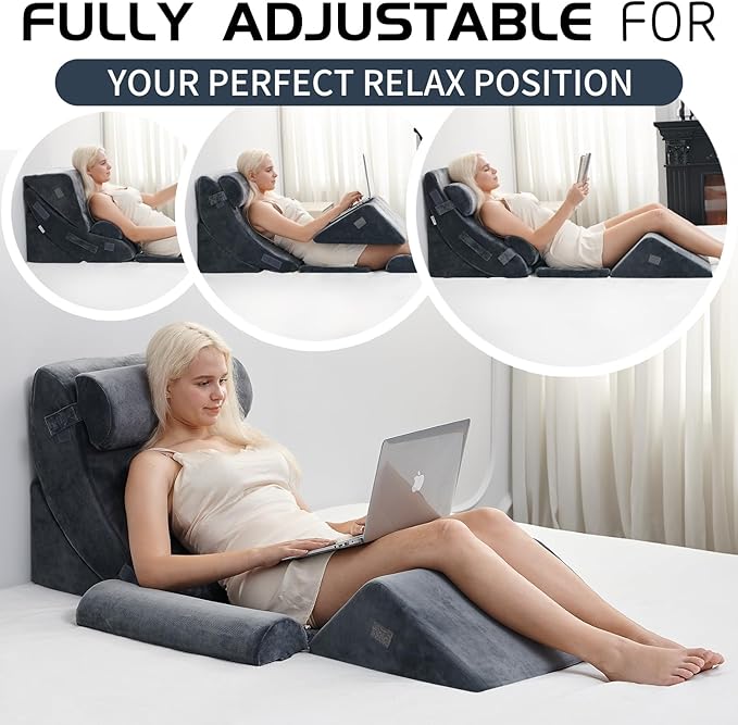 Qirroboni 6PCS Orthopedic Bed Wedge Pillow Set, Adjustable Pillows for Neck Back and Leg Pain Relief Comfortable & Post Surgery Foam- Heartburn Anti Snoring Acid Reflux & GERD Sleeping Charcoal Grey