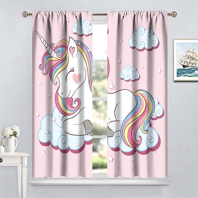 Unicorn Curtain for Kids Bedroom,Pink Cartoon Rainbow Darkening Curtains Decor Sliding Curtains Decorative Curtains for Girls Boys Baby Room,Living Room Decoration 63x63inch