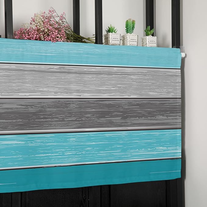Farmhouse Kitchen Curtains Valances for Windows , Aqua Blue Gray Rod Pocket Country Window Treatment for Kitchen /Living Room/Bedroom/ Bathroom,42" X 18" -1 Panel, Retro Rustic Barn Wood Texture