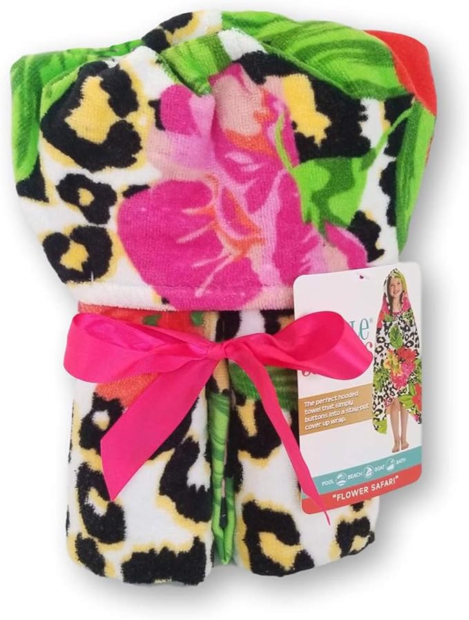 Kids Hooded Beach Towel Swimsuit Cover-up Wrap with Buttons (Red and Pink Floral Leopard, One Size)