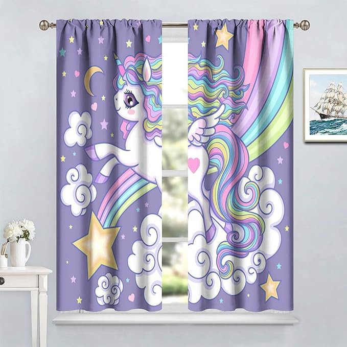 Kids Unicorn Curtains Purple Cartoon Rainbow Cartoon Room Blackout Curtains Boys Girls Baby Room Decor Curtains Living Room Decor 84x84 Inch 2 Panels