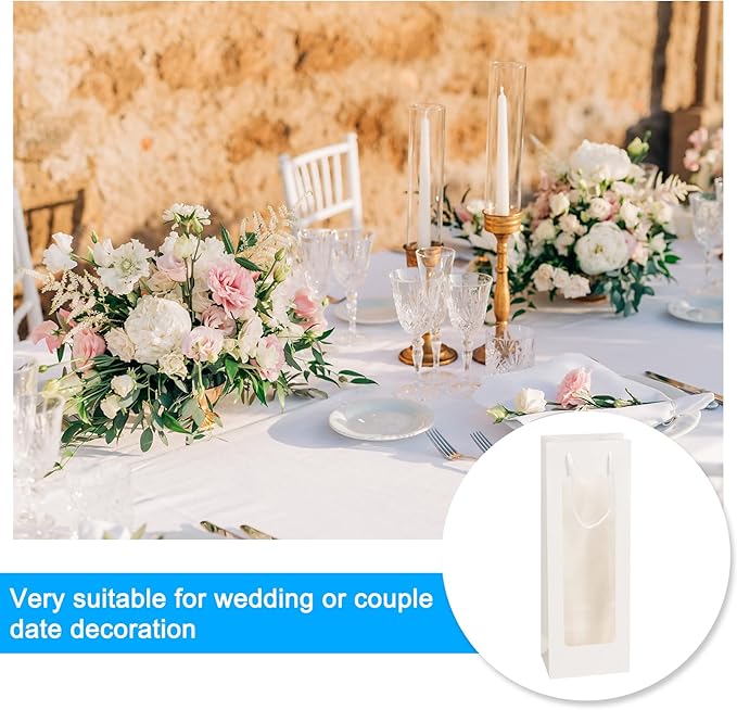 uxcell Wine Bags, 12pcs 4.92"x3.35"x14.2" Wine Gift Bags with Rope Handles, Paper Wine Tote Bag with Clear Window for Wedding Birthday Christmas Party Supplies, White
