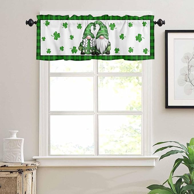 Gnome St. Patrick's Day Kitchen Curtains and Valances Set, Buffalo Plaid Shamrock Window Tiers Seasonal Spring Holiday Half/Short Curtains for Small Windows Cafe /Living Room/ Bedroom 54x24 in
