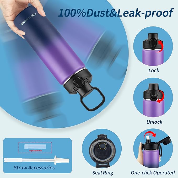 Insulated water bottle with Straw,24oz Stainless Steel Water Bottle for Adult Kids,Double Wall Vacuum Wide Mouth Insulated Water Bottle for Sports,BPA-freeοΌ24oz,Purple Navy blueοΌ