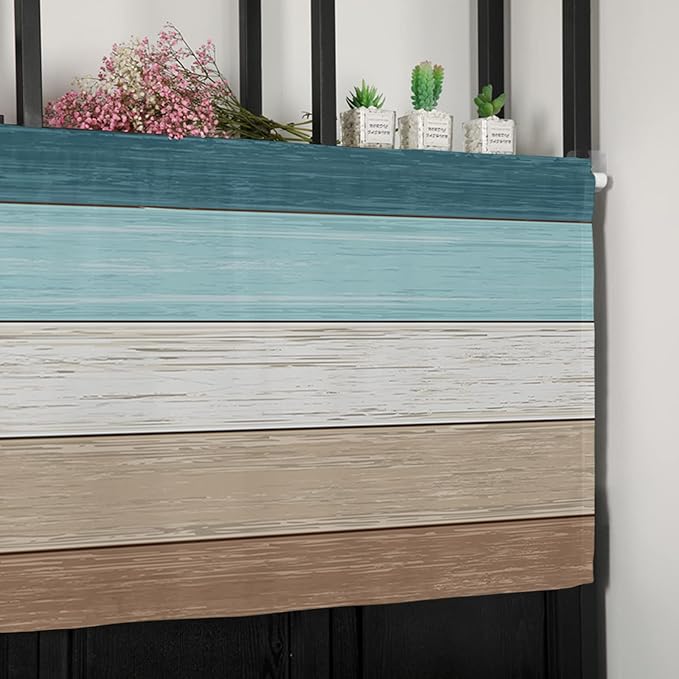 Farmhouse Kitchen Curtains Valances for Windows ,Teal Blue Brown Beach Rod Pocket Country Window Treatment for Kitchen /Living Room/Bedroom/ Bathroom,42" X 12" -1 Panel, Retro Rustic Barn Wood Texture