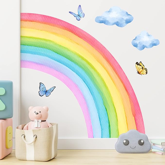 Removable 3D Large Colorful Boho Half Rainbow Wall Sticker Peel and Stick Self-Adhesive Colorful Pastel Rainbow with Cloud and Butterfly Wall Decals Wallpaper for Kids Girls Bedroom Nursery