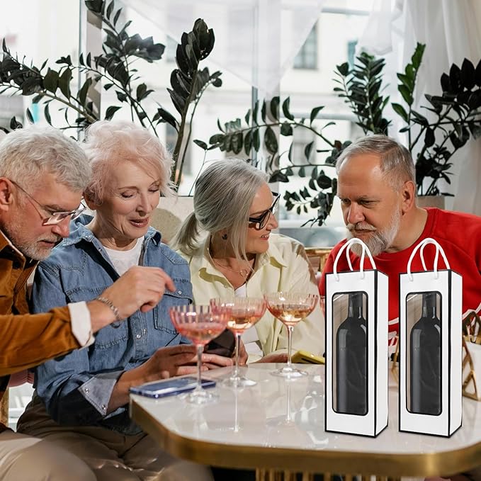 Cyblinia 20 Pack Kraft Paper Wine Bags with Window Wine Gift Bags 14.2 x 4.9 x 3.4 Inch Wine Bottle Bags with Handles Shopping Bags for Christmas, Birthday,Wedding