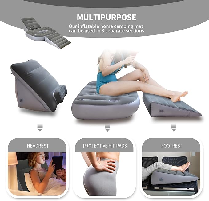 Nevife Inflatable 3pcs Bed Wedge Pillow Set with Hole-Reading Pillow&Back Support,Leg Pain Relief,Adjustable Pillows for Acid Reflux,GERD,Sleeping,Leg,Back Support-Restful Sleep and Travel (Gray)