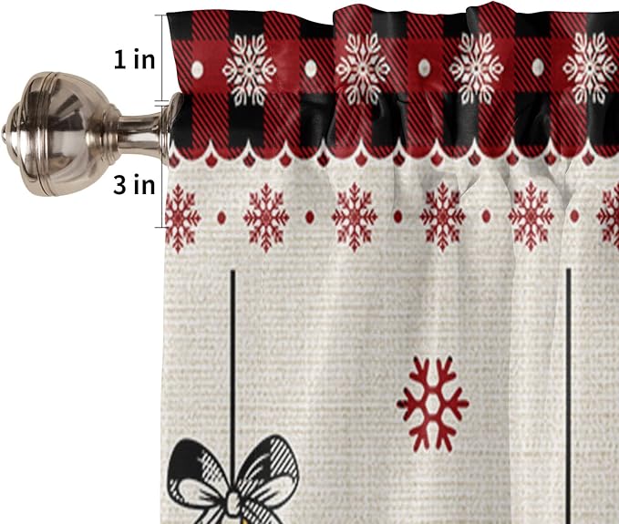 Christmas Valance Kitchen Curtains for Windows, Vintage Buffalo Plaid Christmas Balls Rod Pocket Valances Window Treatments Farmhouse Short Curtains For Bedroom/ Living Room, 54" X 18" -1 Panel