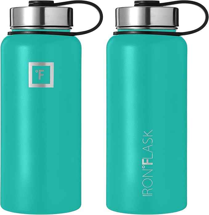 IRON °FLASK Sports Water Bottle - Wide Mouth with 3 Straw Lids - Stainless Steel Gym & Outdoor Bottles for Men, Women & Kids - Double Walled, Insulated Thermos, Metal Canteen - Aquamarine, 32 Oz