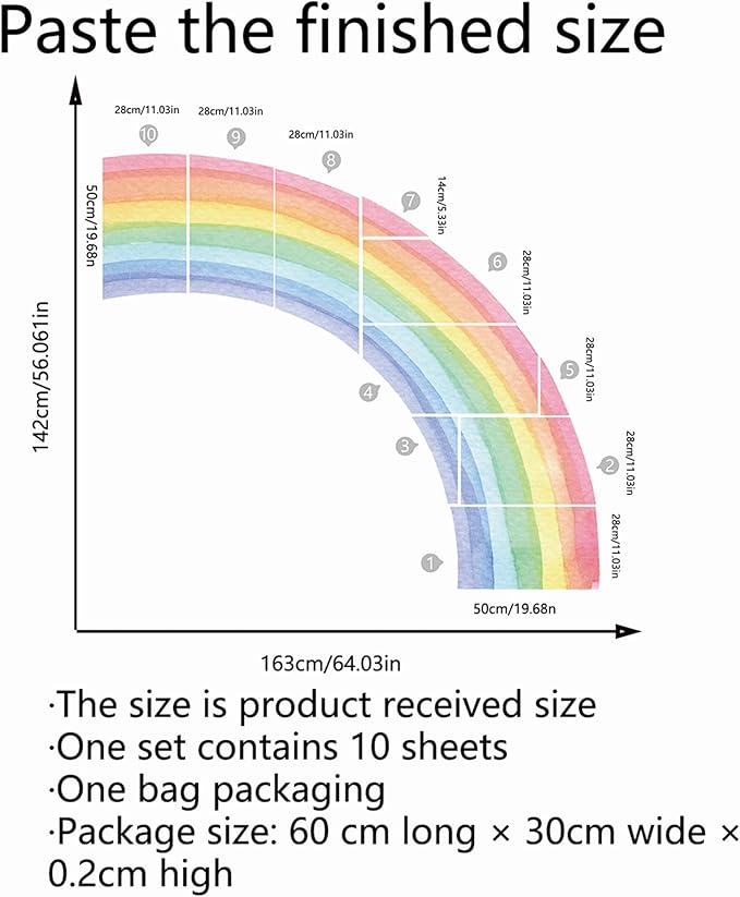 Waterproof Removable Vinyl Huge Rainbow Wall Decal Sticker for Nursery Kidsroom School Classroom Livingroom Bedroom Bathroom Decorations Art Kids Graduation Boho Cute Decals