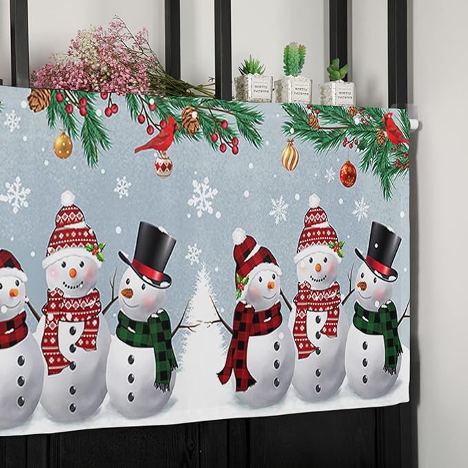 Christmas Kitchen Curtains Valances for Windows Snowman Cardinal Rod Pocket Window Treatment for Kitchen/Living Room/Bedroom/Bathroom,42" X 12" -1 Panel, Bluish Grey Winter Holiday
